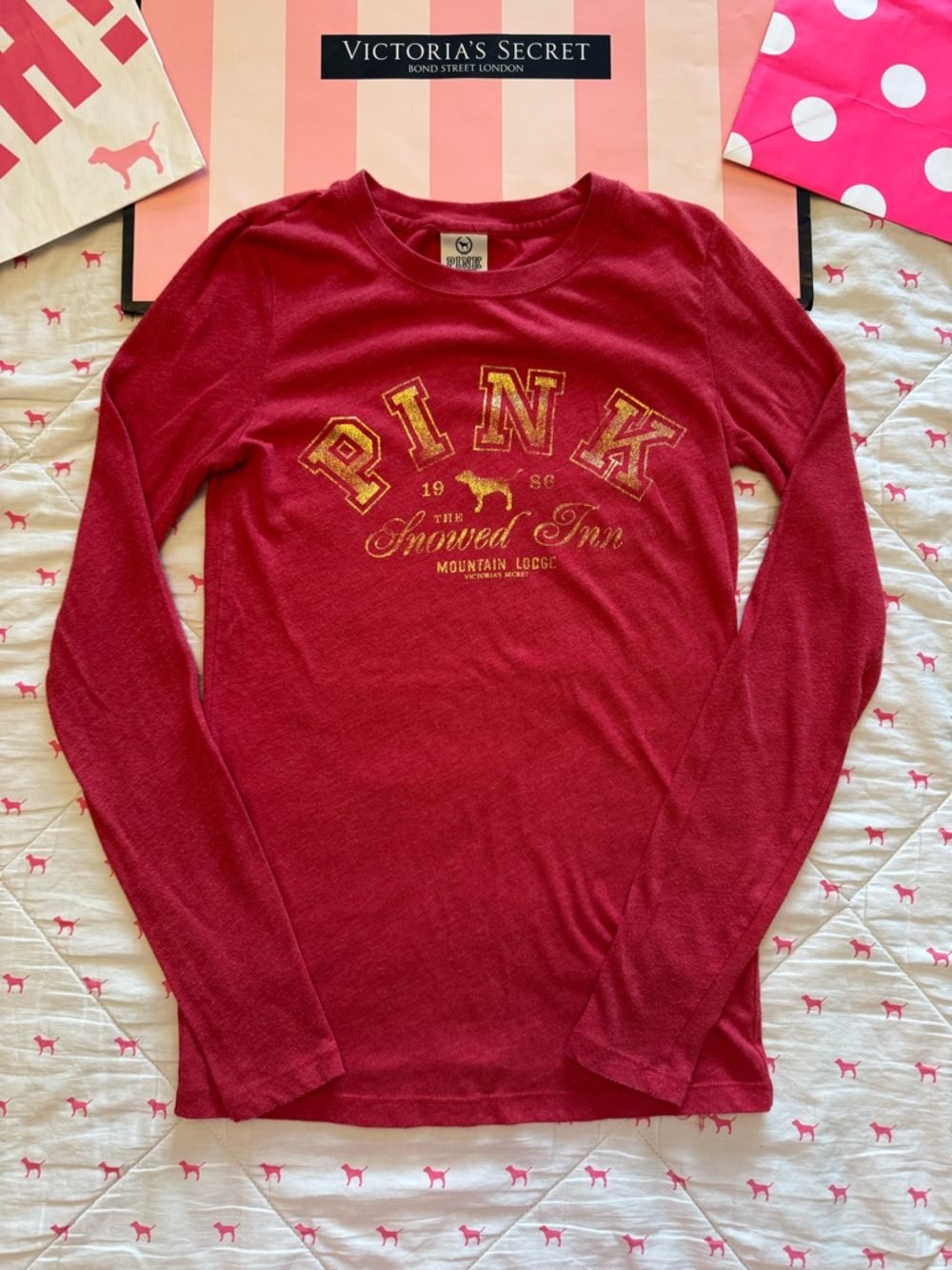 VS PINK VINTAGE Y2K LONG SLEEVE TEE RED THE SNOWED INN MOUNTAIN LODGE DOG PUP 86